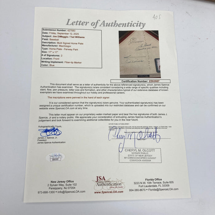 Ted Williams & Joe Dimaggio 56 Hits Signed Inscribed Home Plate JSA COA RARE