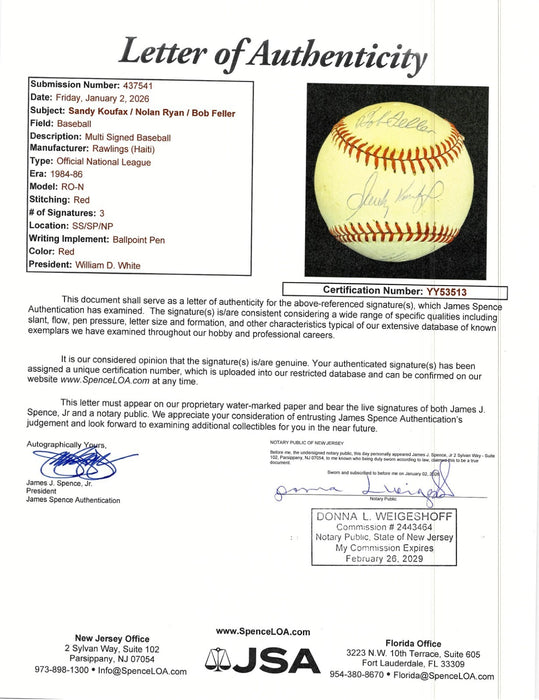 Sandy Koufax & Nolan Ryan Signed National League Baseball JSA COA