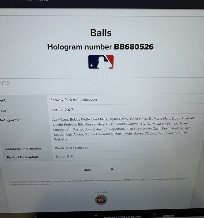 2007 Boston Red Sox World Series Champs Team Signed Baseball MLB Certified