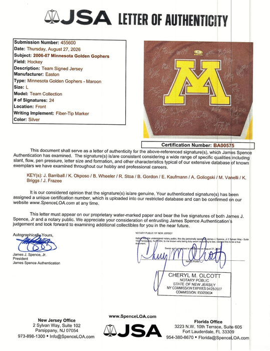 2006-07 Minnesota Gophers Team Signed Easton Authentic Jersey JSA COA