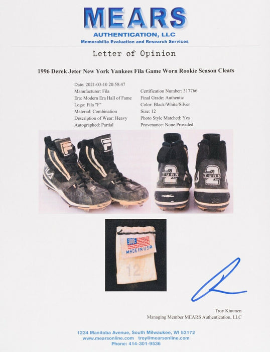 Derek Jeter Signed 1996 Rookie Season Game Used Baseball Cleats MEARS COA RARE