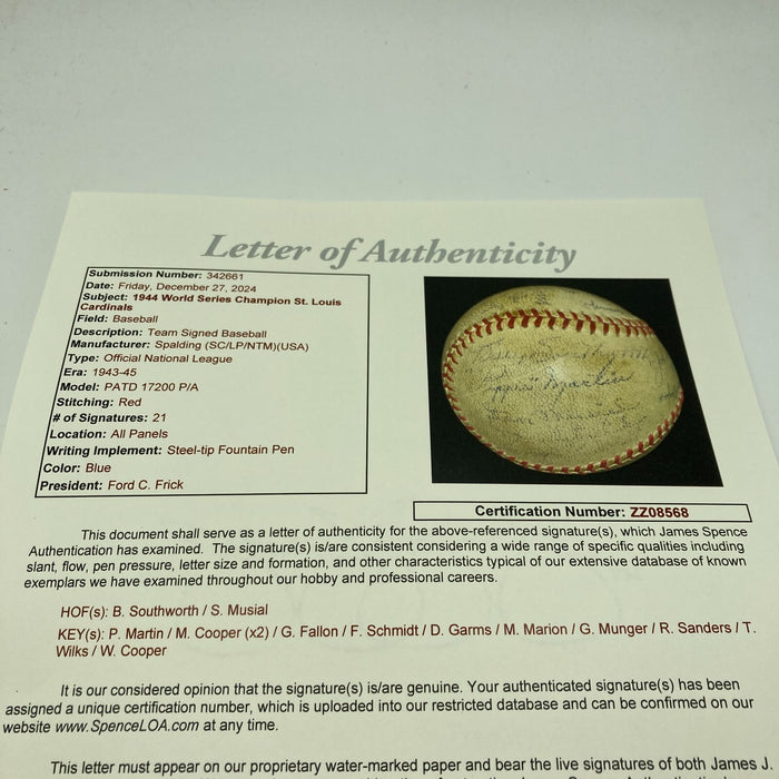 1944 St. Louis Cardinals World Series Champs Team Signed Baseball JSA COA