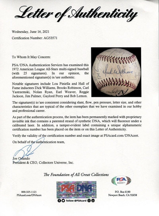 1972 All Star Game American League Team Signed Baseball PSA DNA & JSA COA