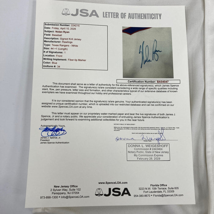 Nolan Ryan Signed Authentic 1989 Texas Rangers Game Model Rawlings Jersey JSA