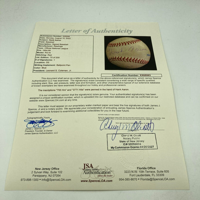 Hank Aaron 755 Home Runs 3771 Hits Signed Inscribed Stat Baseball JSA COA