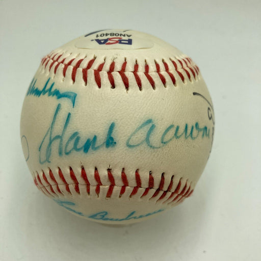Joe Dimaggio Hank Aaron Ernie Banks Hall Of Fame Multi Signed Baseball PSA DNA