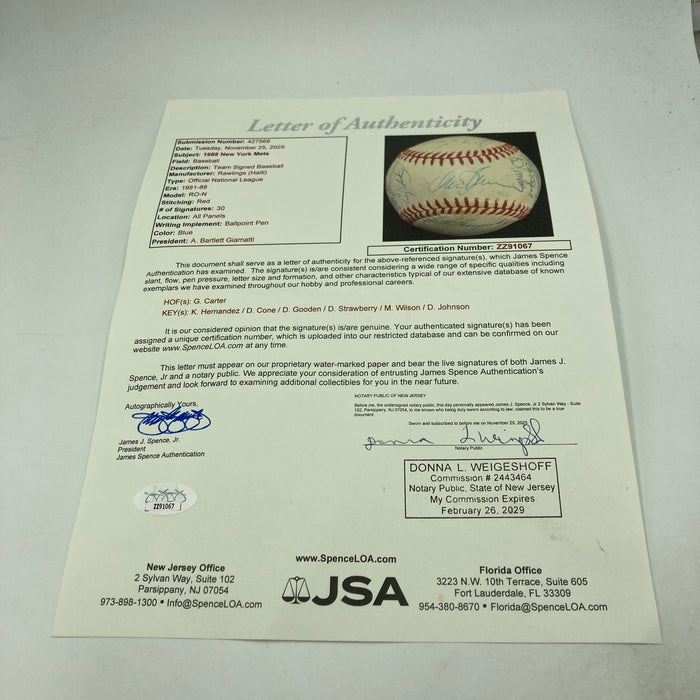 1988 New York Mets Team Signed National League Baseball 30 Sigs Gary Carter JSA