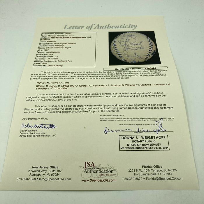 1998 New York Yankees World Series Champs Team Signed Baseball JSA COA