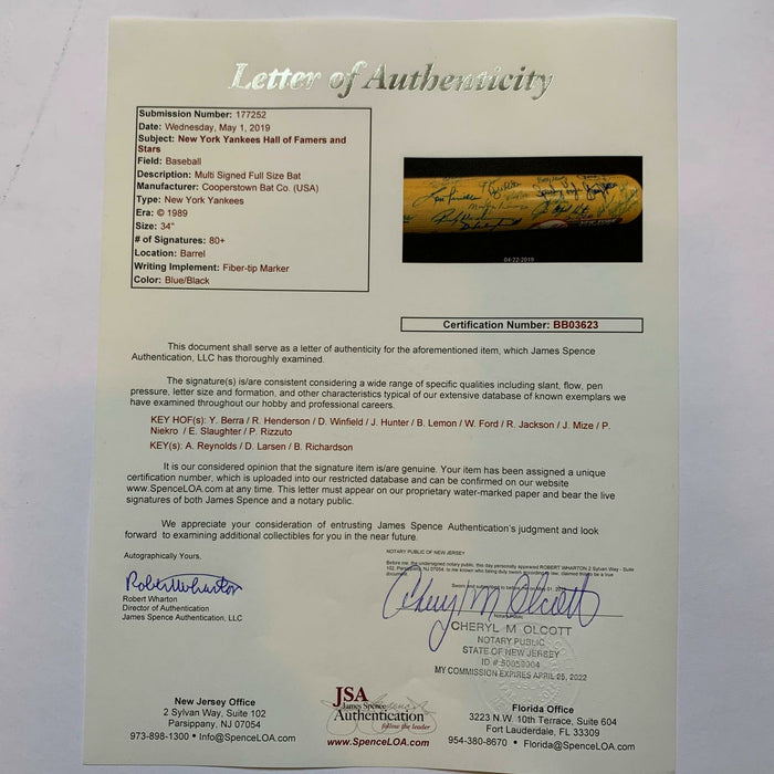 New York Yankees Hall Of Fame & Greats Signed Cooperstown Bat W/ 90 Signatures!