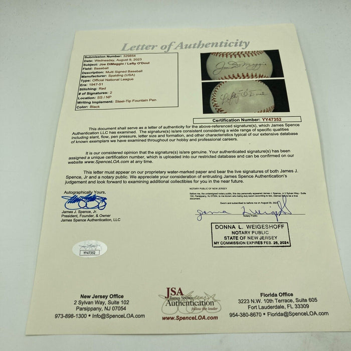 Joe Dimaggio & Lefty O'Doul Signed 1940's National League Baseball JSA COA