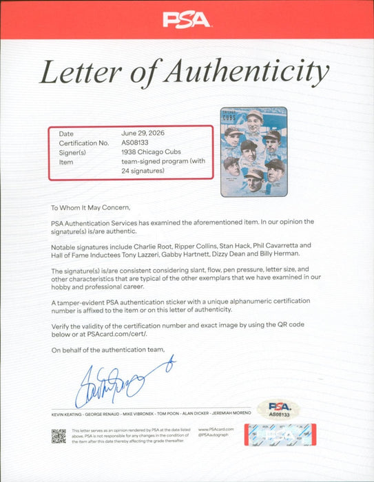 1938 World Series Signed Program by Entire Chicago Cubs Team 24 Autos PSA DNA