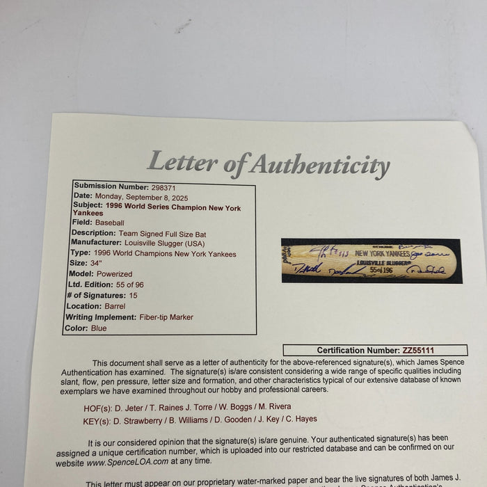 1996 New York Yankees World Series Champs Team Signed Bat Derek Jeter JSA COA