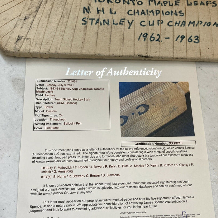 1963-64 Toronto Maple Leafs Stanley Cups Champs Team Signed Game Used Stick JSA