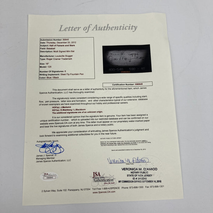 Joe Medwick Signed 1930's Louisville Slugger Mini Baseball Bat JSA COA