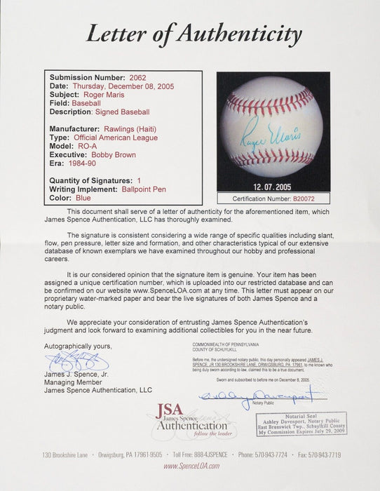 Beautiful Roger Maris Single Signed American League Bobby Brown Baseball JSA COA