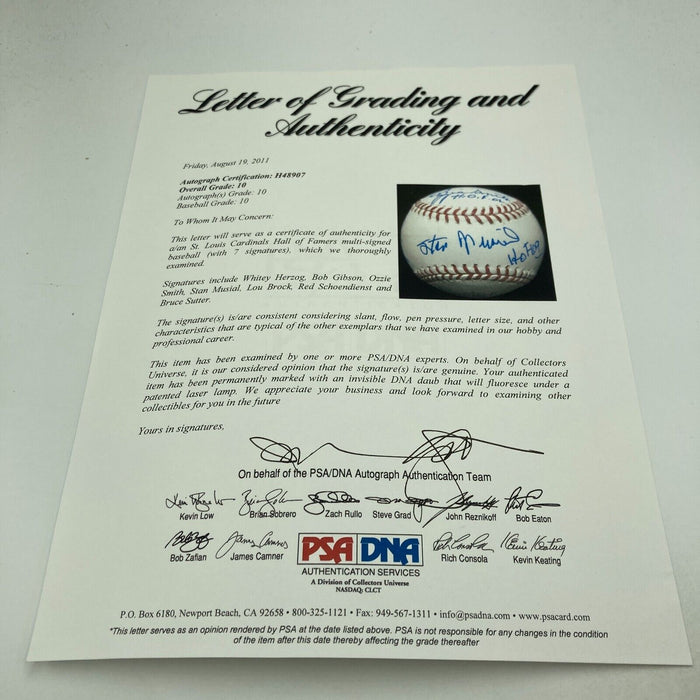 Stan Musial Bob Gibson Lou Brock St Louis. Cardinals HOF Signed Baseball PSA 10