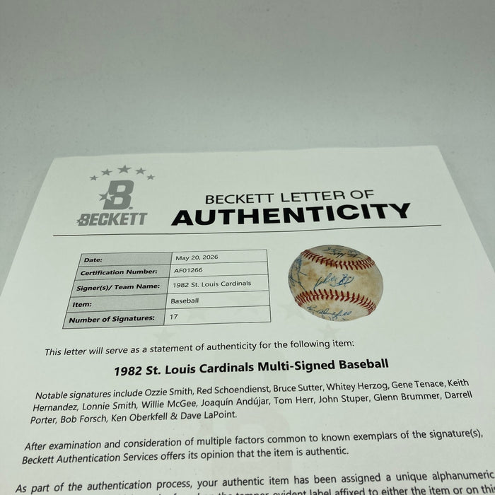 1982 St. Louis Cardinals World Series Champs Team Signed Baseball Beckett COA