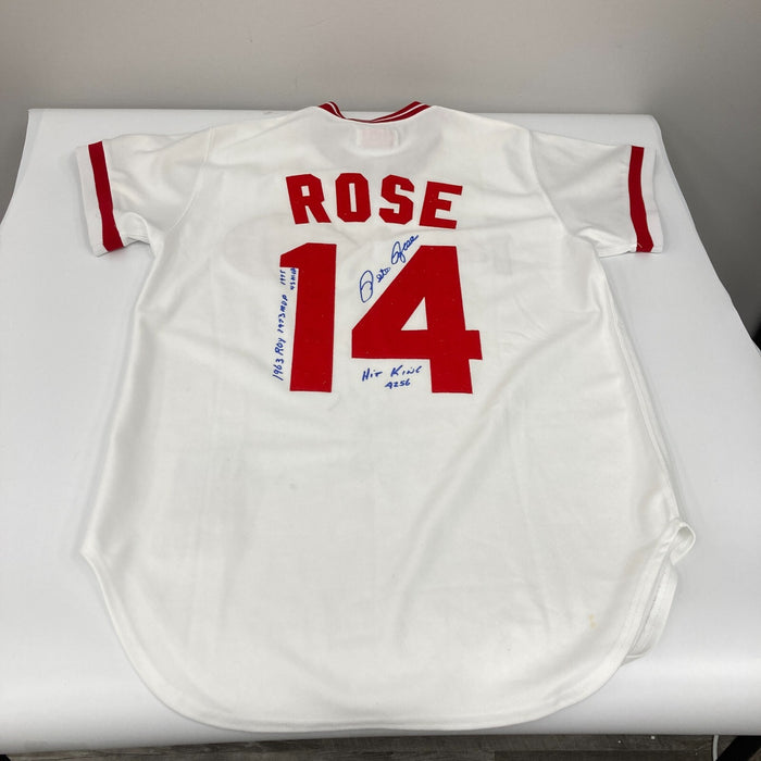 Pete Rose Signed Inscribed Cincinnati Reds STAT Mitchell & Ness Jersey JSA COA