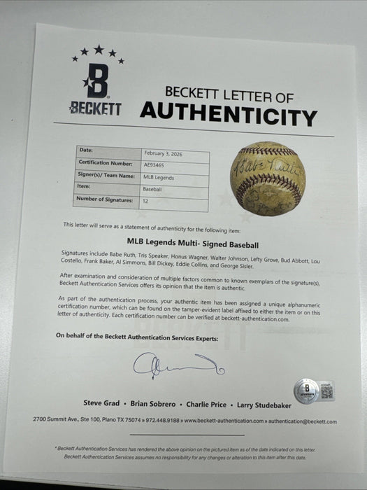Babe Ruth, Honus Wagner, Abbott & Costello Signed Baseball Beckett COA