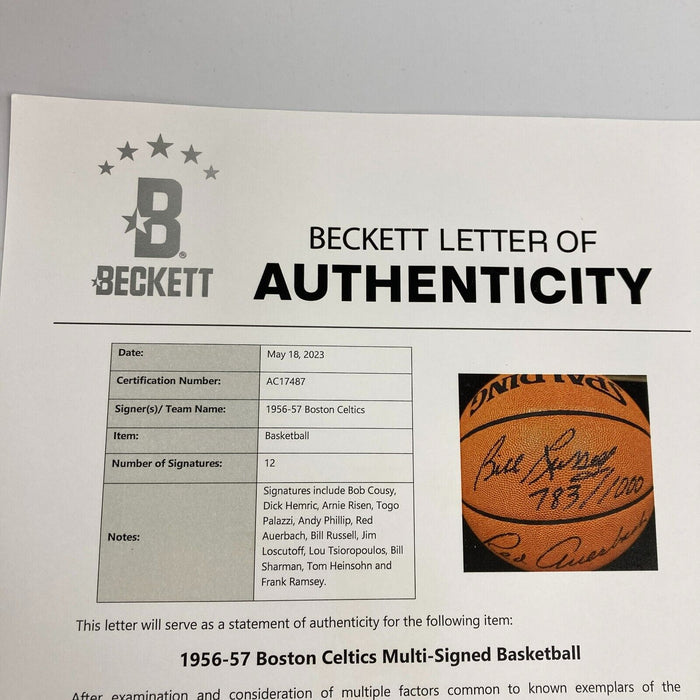 1956-57 Boston Celtics NBA Champs Team Signed Game Basketball Beckett COA