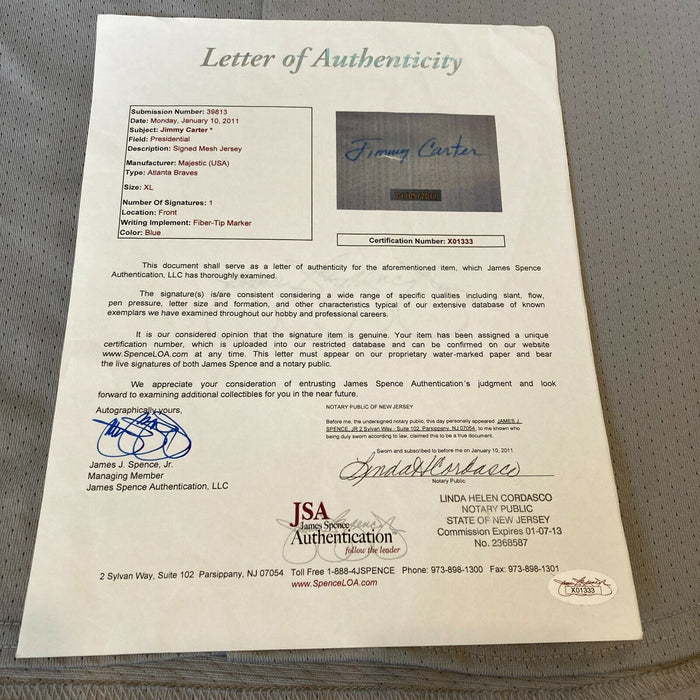 President Jimmy Carter Signed Atlanta Braves Baseball Jersey With JSA COA