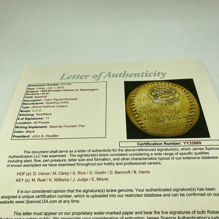 Dazzy Vance Max Carey Dave Bancroft Sam Rice Goose Goslin Signed Baseball JSA