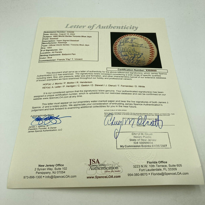 1993 Toronto Blue Jays World Series Champs Team Signed W.S. Baseball JSA COA