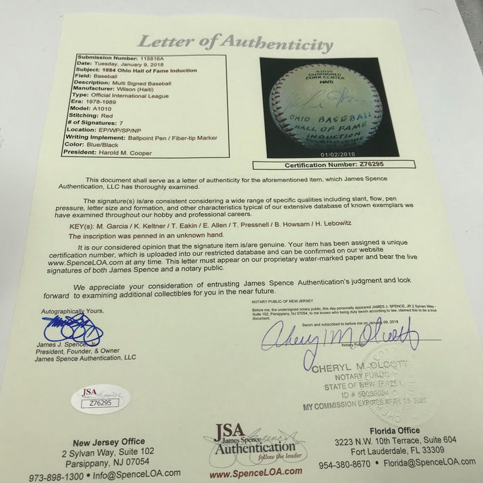 1984 Ohio Hall Of Fame Induction Signed Baseball Bob Howsam Mike Garcia JSA COA
