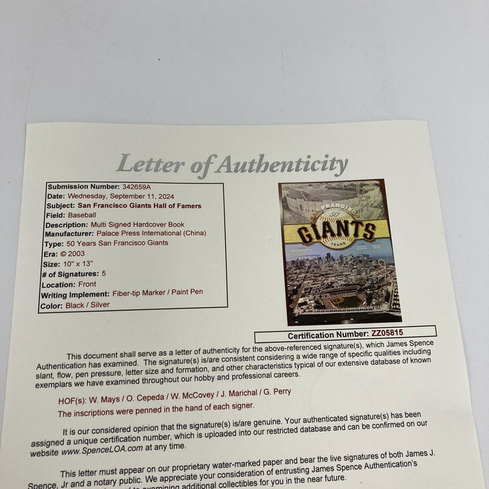 Willie Mays Willie McCovey Juan Marichal Orlando Cepeda Signed Giants Book JSA