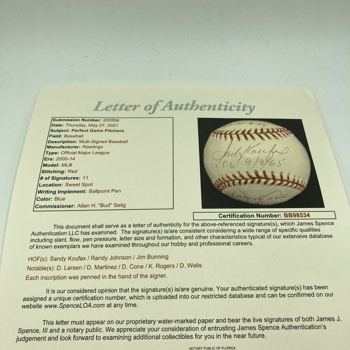 Sandy Koufax Randy Johnson Perfect Game Pitchers Signed Baseball 11 Sigs JSA COA