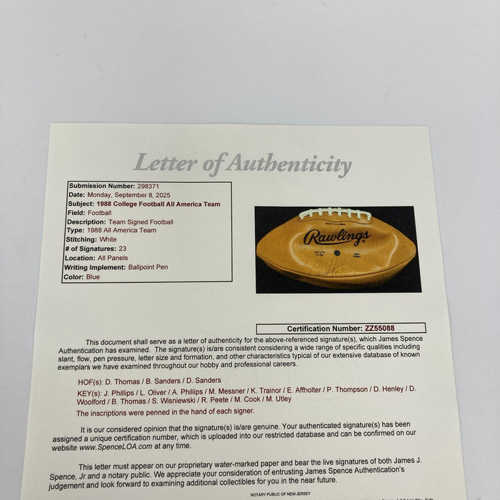 Barry Sanders Deion Sanders Rookie 1988 All America Team Signed Football JSA COA