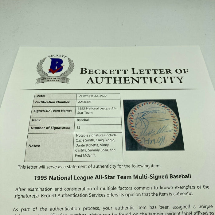 1995 All Star Game Team Signed Baseball Sammy Sosa Ozzie Smith Beckett COA
