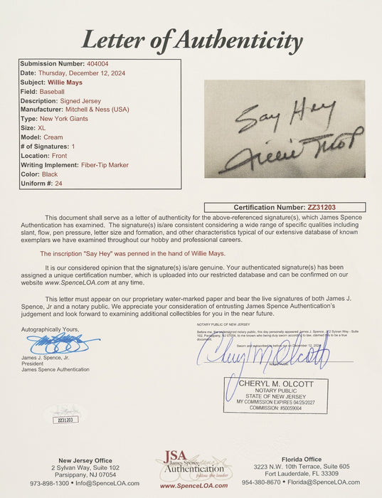 Willie Mays "Say Hey" Signed Inscribed Mitchell & Ness Giants Jersey JSA COA