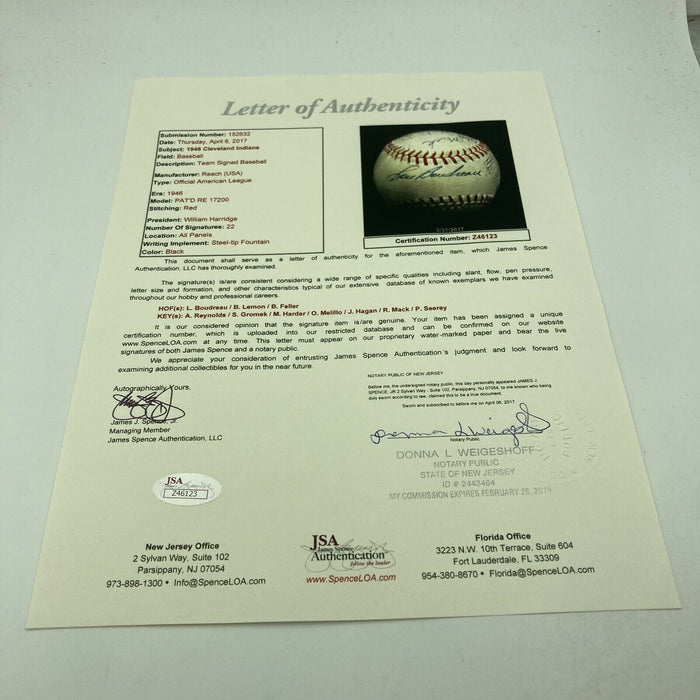 1946 Cleveland Indians Team Signed Official American League Baseball JSA COA