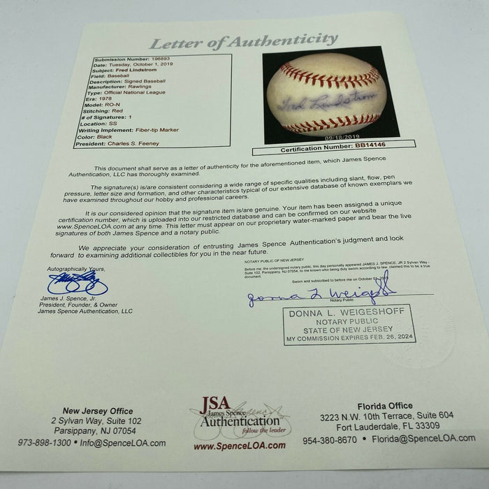 Freddie Lindstrom Single Signed National League Feeney Baseball JSA COA