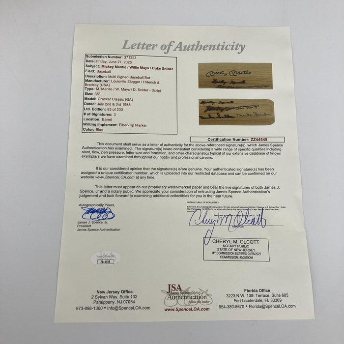 Mickey Mantle Willie Mays & Duke Snider Signed Baseball Bat JSA COA