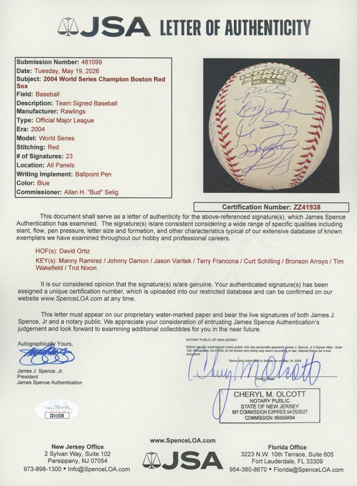 2004 Boston Red Sox World Series Champs Team Signed W.S. Baseball JSA COA