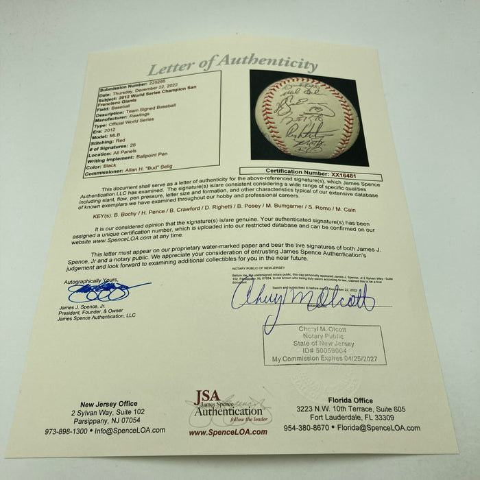 2012 San Francisco Giants World Series Champs Team Signed W.S. Baseball JSA COA