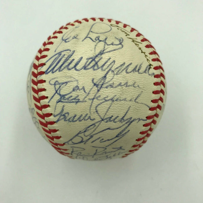 Joe Dimaggio Rube Marquard Frankie Frisch New York Legends Signed Baseball JSA