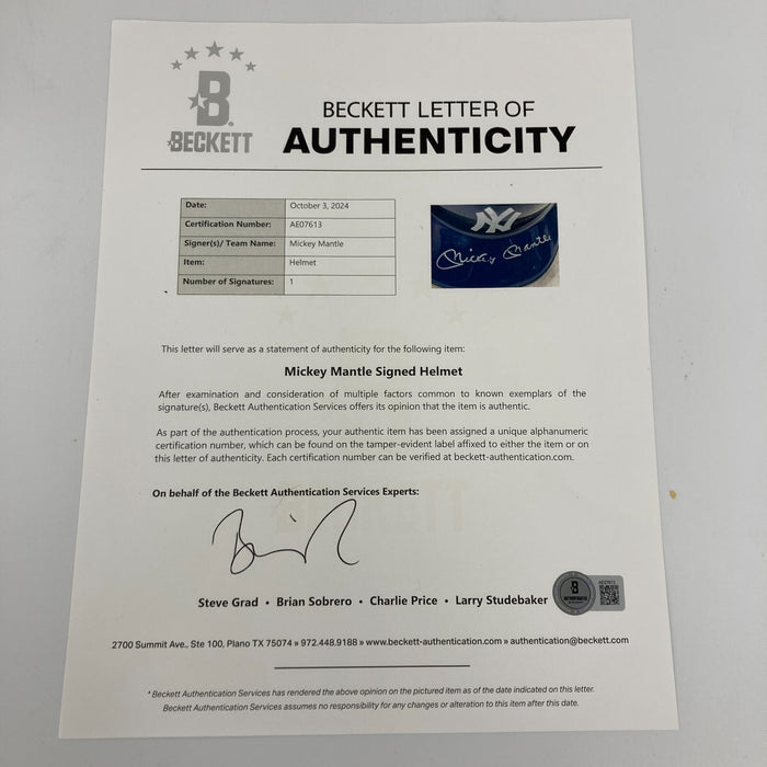 Mickey Mantle Signed New York Yankees Baseball Helmet Beckett COA