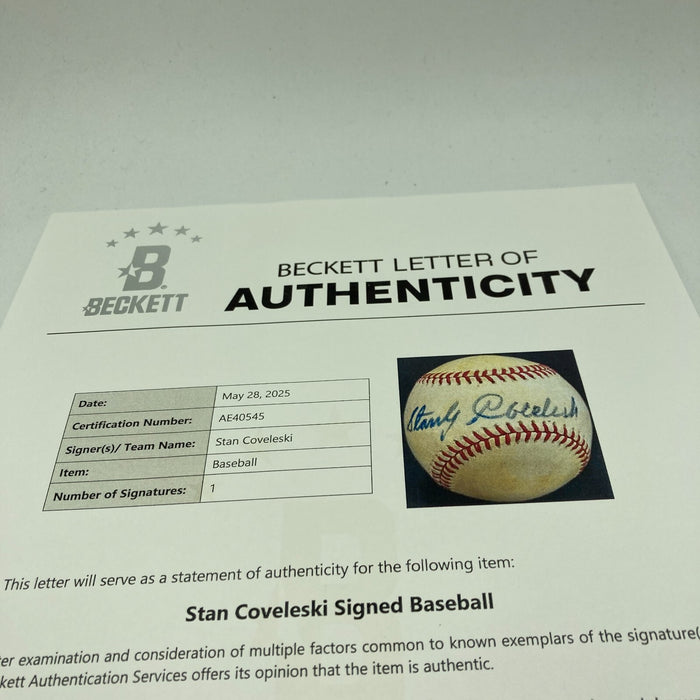 Stan Coveleski Single Signed Baseball Beckett COA