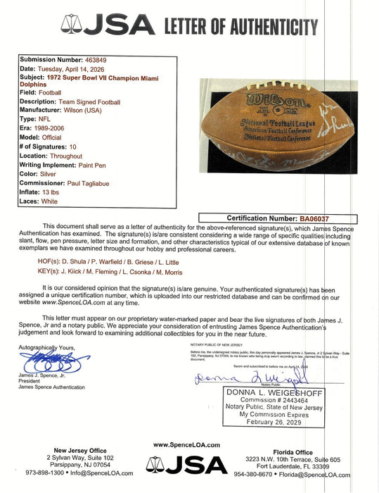 1972 Miami Dolphins Super Bowl Champs Team Signed Football JSA COA