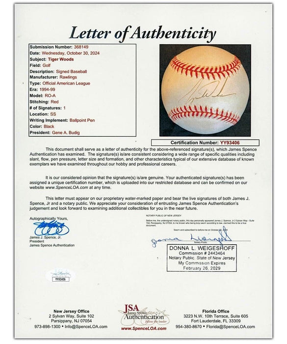Extraordinary Tiger Woods Rookie Single Signed American League Baseball JSA COA