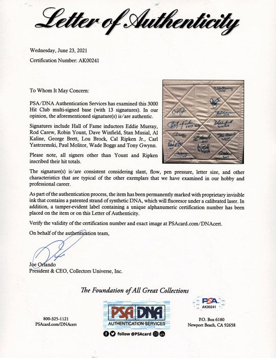 Beautiful 3,000 Hit Club Multi Signed Base 13 Sigs With Inscriptions PSA DNA COA