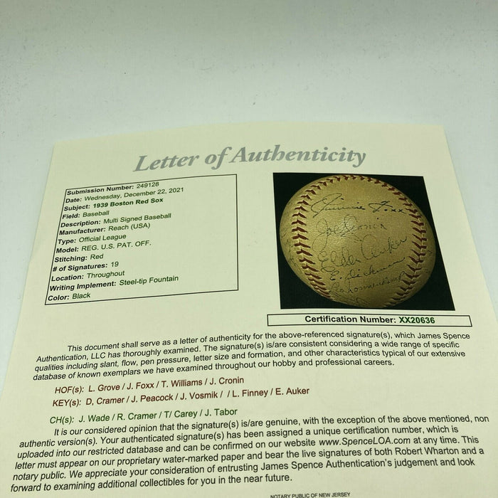 Ted Williams Rookie 1939 Boston Red Sox Team Signed Baseball Jimmie Foxx JSA COA