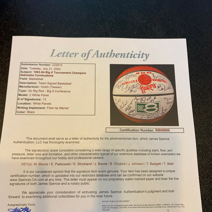 1993-94 Nebraska Cornhuskers Big 8 Champions Team Signed Basketball JSA COA