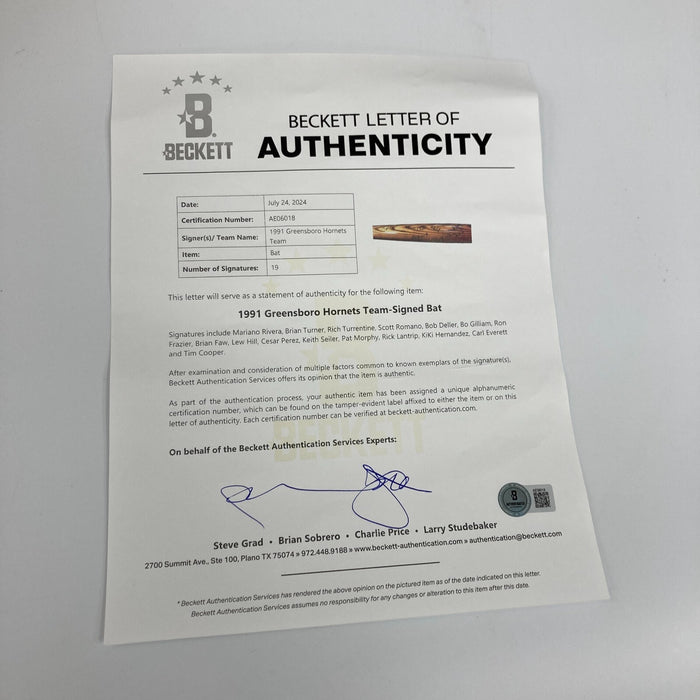 Mariano Rivera Earliest Known 1991 Greensboro Hornets Team-Signed Bat Beckett