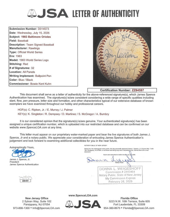 1983 Baltimore Orioles World Series Champs Team Signed W.S. Baseball JSA COA
