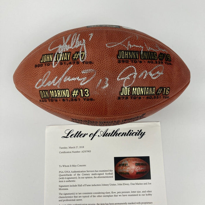 John Elway Johnny Unitas Dan Marino Joe Montana Quarterbacks Signed Football PSA