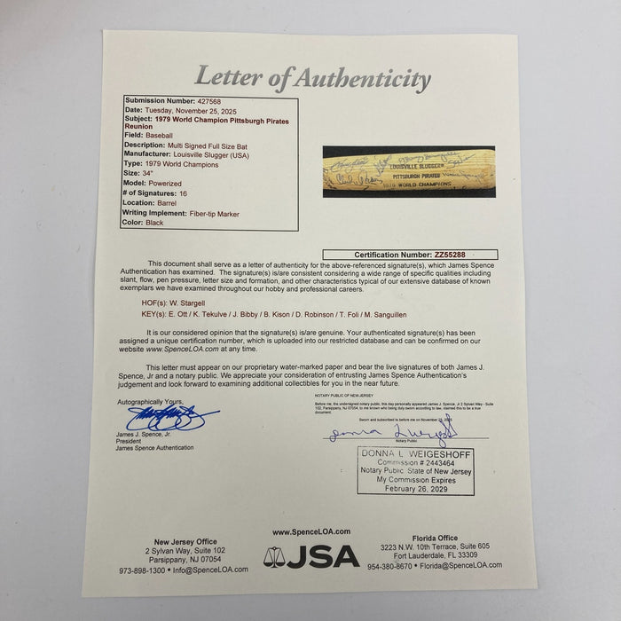1979 Pittsburgh Pirates World Series Champs Team Signed Baseball Bat JSA COA